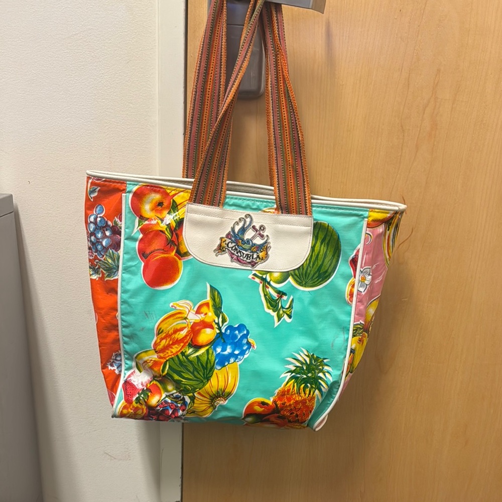 Consuela Bag- USED  Green and Red Tropical Print Tote Bag Cloth Handles